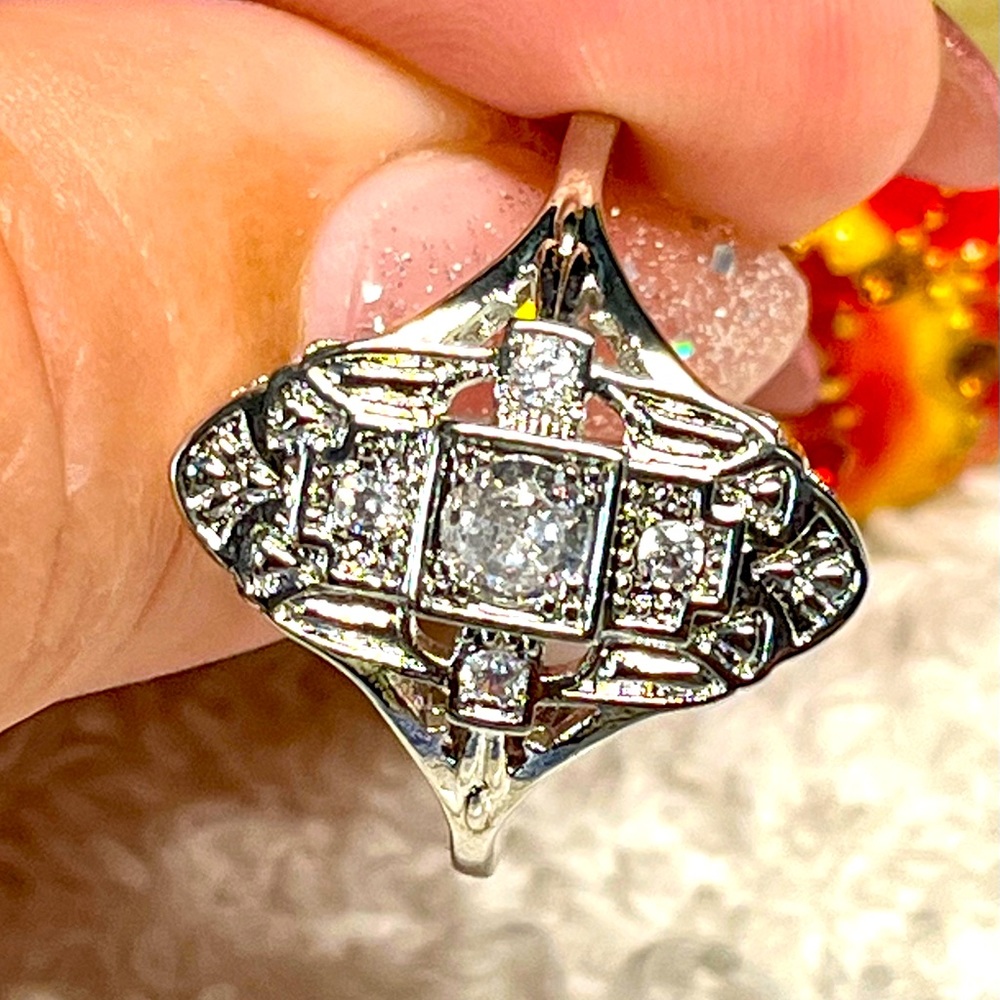 Romantic art deco style silver ring, sterling and clear rhinestones
